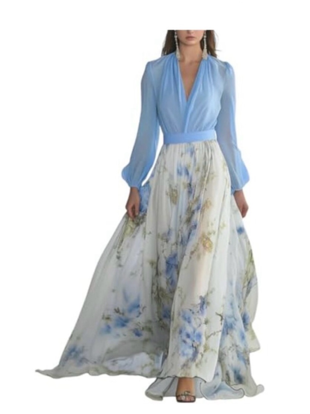 Light Blue Floral V-Neck Long Sleeve Maxi Dress